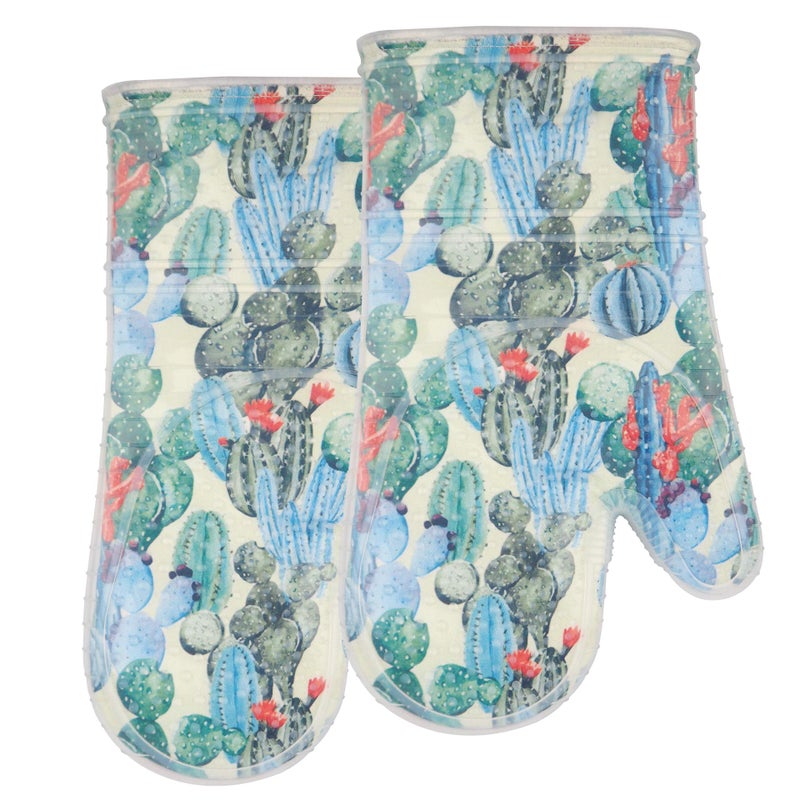 RED LMLDETA Oven Mitts Set of 2 with Transparent Clear Silicone Shell and Nice Cactus Flower Cotton Lining, Heat Resistant to 500 F Kitchen Oven Gloves Pot Holder for Cooking (Cactus Flower, Oven Mitts) - Image 1